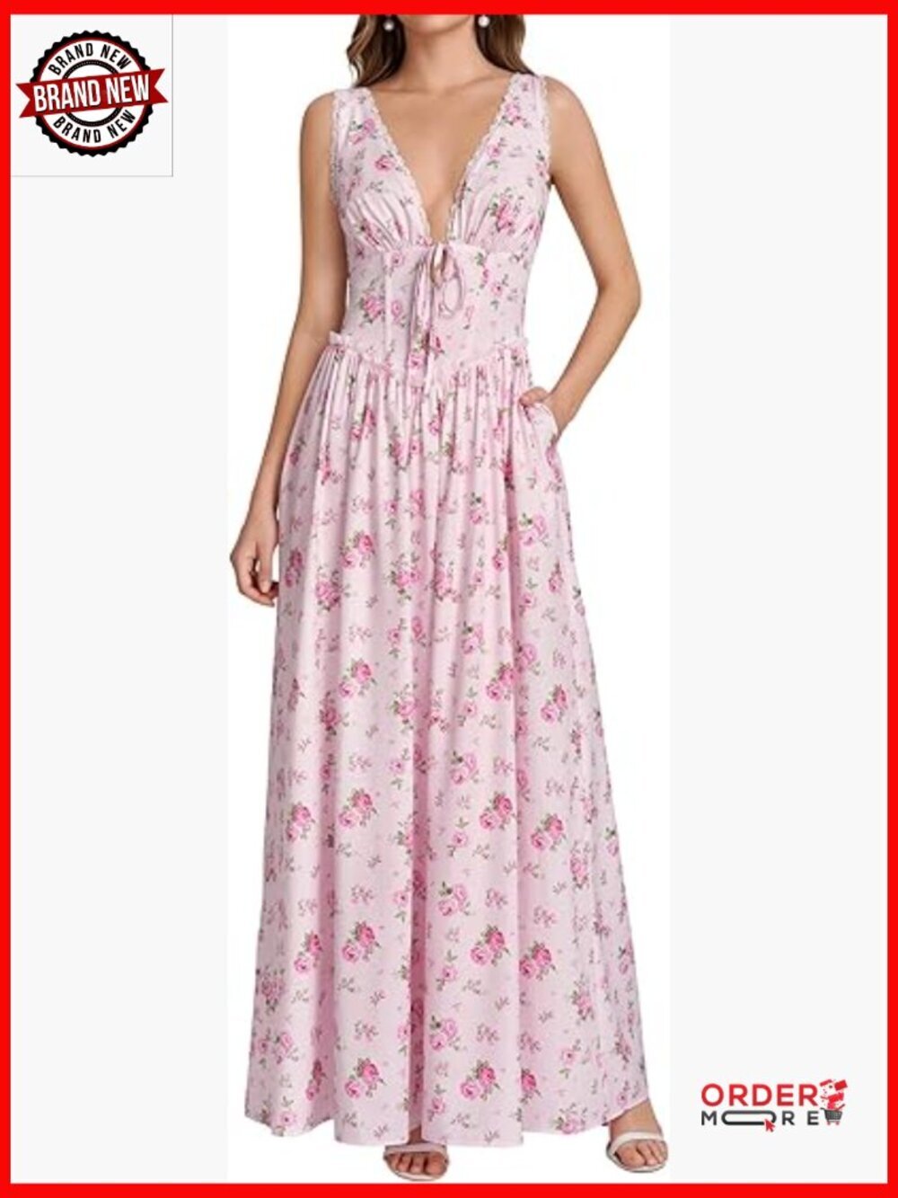Corset Maxi Dress V Neck Lace Trim Flowy A Line Formal Wedding Guest Long Dress
